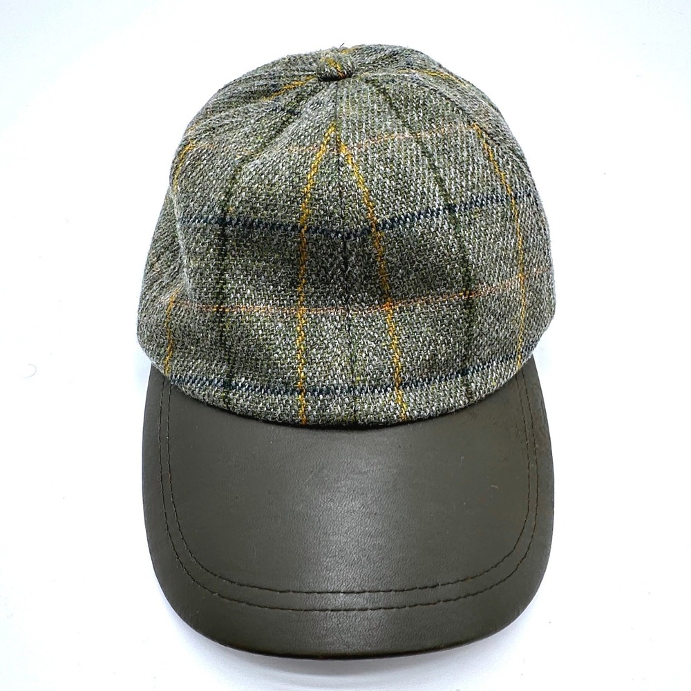 Wool Tweed Windowpane Plaid Genuine Leather Bill Equestrian Hat